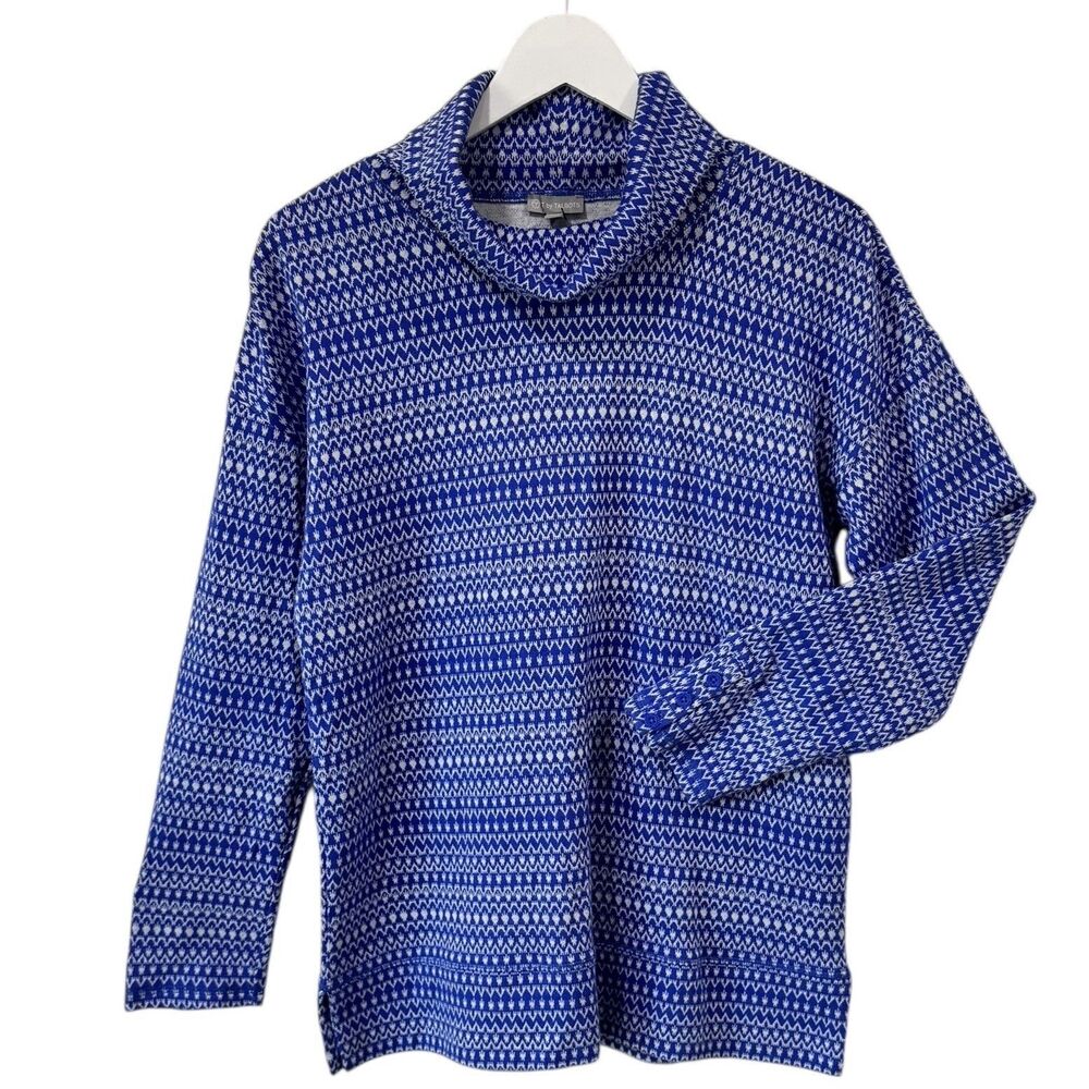 T By Talbots Blue Fair Isle Snowflakes Mocked Knit Long Sleeve Cotton Small New